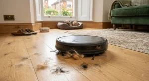 An affordable robotic vacuum picking up pet hair from a light oak hardwood floor