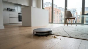 Compact best budget robot vacuum cleaner sweeping dust and debris in a modern UK flat.
