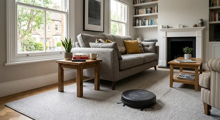 A budget robot vacuum cleaner cleaning a modern British living room carpet near a wool sofa