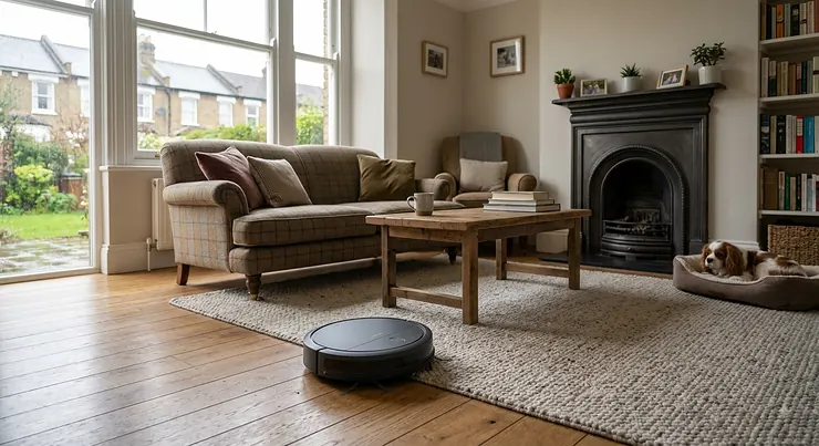 Illustration of the best robot vacuum cleaner navigating carpet and timber flooring in a traditional British living room.