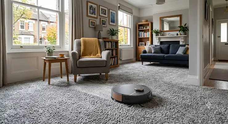 A modern robot vacuum cleaning a thick pile carpet in a bright British living room. robot vacuum for carpets
