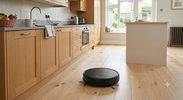 A sleek robot vacuum for hard floors cleaning light timber flooring in a modern British kitchen.