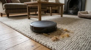 Illustration of the best robot vacuum for pet hair efficiently picking up dog hair from a living room rug.
