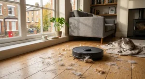 Automated robot vacuum cleaner suctioning cat hair off wooden floorboards in a UK flat