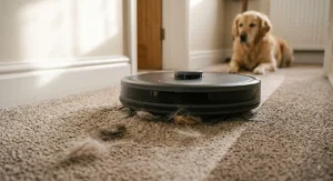 Robot vacuum under £300 efficiently picking up pet hair and dander from a carpeted hallway