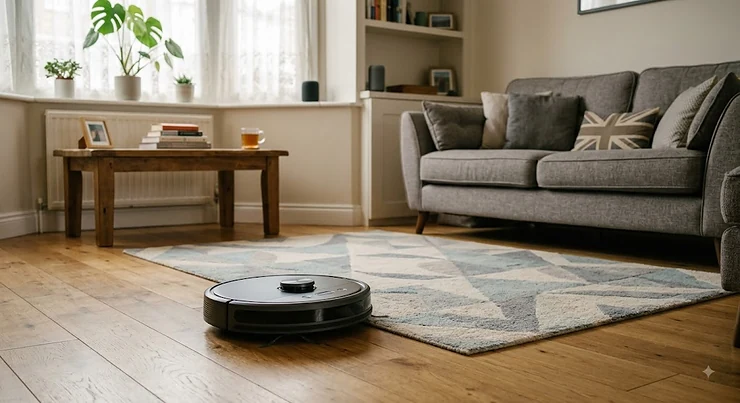 Affordable robot vacuum under £300 cleaning hardwood flooring in a modern British living room