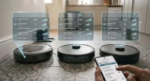 Illustration comparing key features of top-rated robot vacuum cleaners available under £300 in the UK