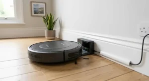 A budget robot vacuum automatically returning to its slim charging dock against a white skirting board