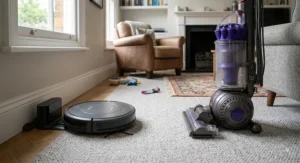 Side-by-side comparison of a sleek budget robot vacuum next to a traditional upright vacuum cleaner