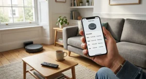 Hand holding a smartphone using a smart app to schedule cleaning routines for a budget robot vacuum