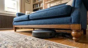 Compact low-profile budget robot vacuum navigating underneath a low British sofa