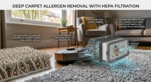 Illustration of HEPA filtration trapping dust and allergens trapped deep inside carpet fibres.