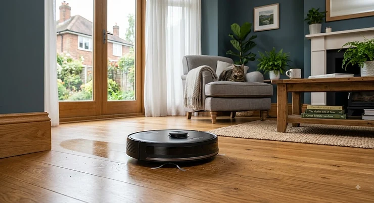 A premium robot vacuum cleaning a polished wooden floor in a modern British living room.