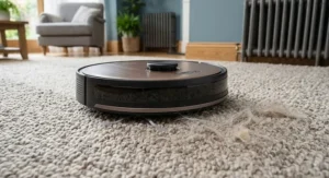High-suction premium robot vacuum picking up pet hair from a thick wool carpet.