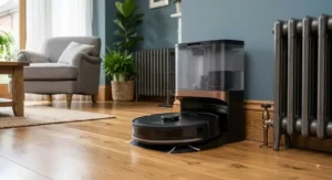 Sleek premium robot vacuum docked at its self-emptying base station near a traditional radiator.