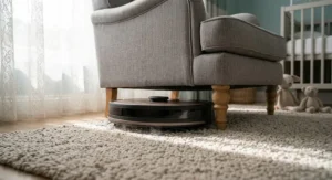 Compact premium robot vacuum sliding under a low-clearance armchair to vacuum dust.