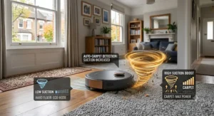 Illustration showing a robot vacuum automatically boosting suction power when transitioning onto carpet.