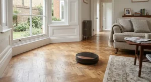 Automatic robot vacuum cleaner sweeping dust and debris from oak parquet flooring in a UK living room.