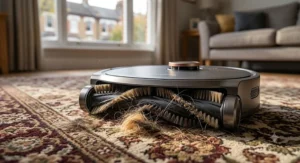 Close-up of a high-suction robot vacuum picking up dog hair from a patterned wool carpet.