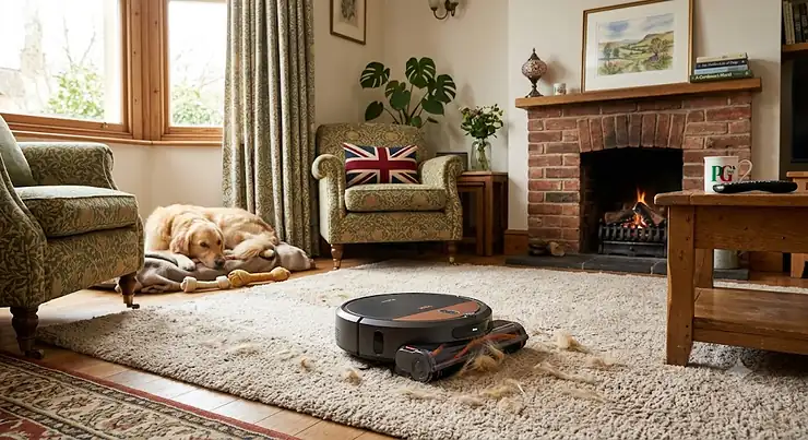 Robot vacuum cleaner removing dog hair from a thick carpet in a cosy British living room