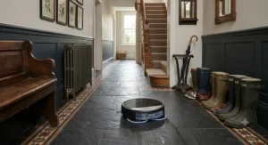 Dual-action robot vacuum and mop mopping dark slate tile floor in a Victorian terrace hallway.