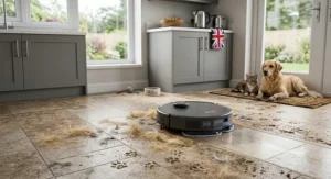 Combination robot vacuum and mop tackling pet hair and muddy paw prints on kitchen tiles