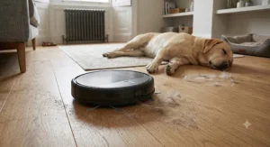 Pet friendly robot vacuum cleaning dog hair off solid wood flooring alongside a sleeping Labrador.