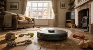 Smart robot vacuum for pet hair navigating smoothly around dog toys in a semi-detached house
