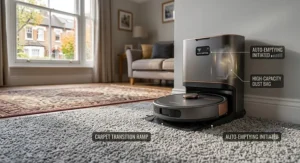 A self-emptying robot vacuum cleaner docked against a wall on a plush carpeted floor.