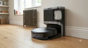 Automated robot vacuum charging at its self-emptying base station on engineered oak floorboards.