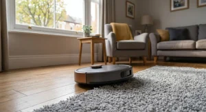 A robot vacuum moving smoothly from wooden hallway flooring onto a thick living room rug.