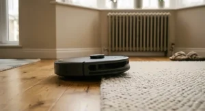 Budget robot vacuum cleaner seamlessly moving from wooden floorboards onto a wool rug in a UK flat