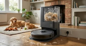 Self-emptying robot vacuum cleaner docking station automatically clearing pet hair into a dust bag