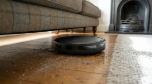 Slimline robot vacuum cleaner sliding under low-profile furniture to sweep hard-to-reach dust.