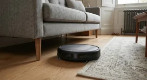 Slimline robot vacuum for hard floors gliding underneath a low sofa in a British home.