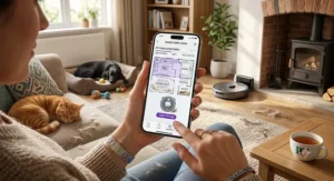 Smartphone app displaying customised cleaning zones for a robot vacuum targeting pet hair
