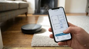 Smartphone displaying a mapping app controlling a smart robot vacuum cleaner across a home layout.