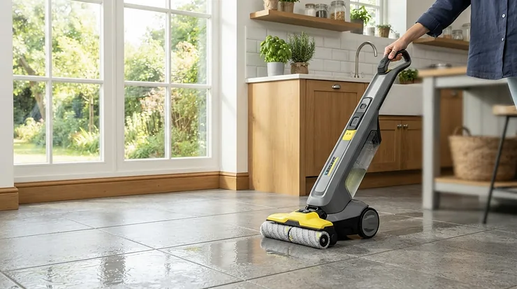The best robot vacuum mop combo scrubbing kitchen floor tiles near white cabinets