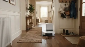 A dual-action robot vacuum mop under £500 sweeping and washing a hallway