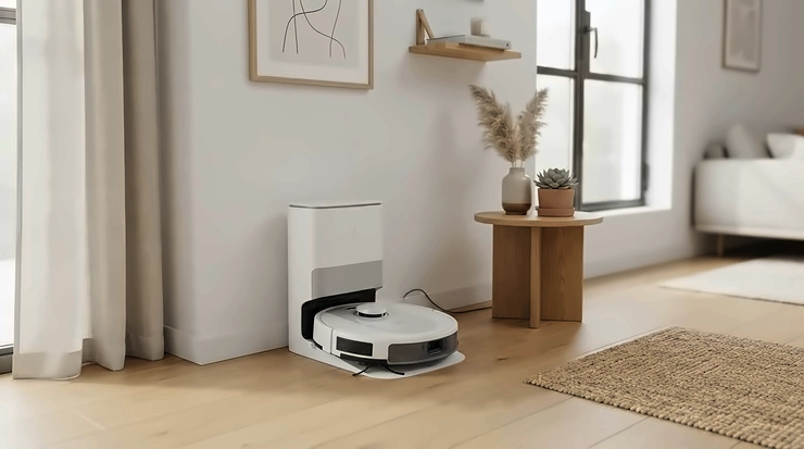 A modern robot vacuum for small flats stored neatly in a corner of a contemporary flat