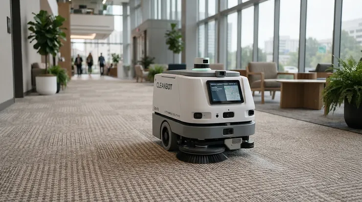 A cordless self-emptying robot vacuum mop freshening up a low-pile living room rug
