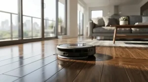 A dual cleaning device wiping hardwood floors efficiently as part of a robot vacuum mop under 500 setup