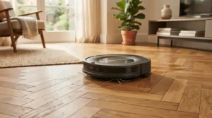 Demonstrating the hot water mopping robot vacuum benefits on traditional parquet flooring in a UK home.