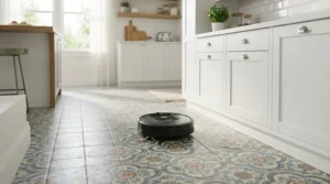 Testing grease and grime removal during a hot water mop robot vacuum review on a tiled kitchen floor.