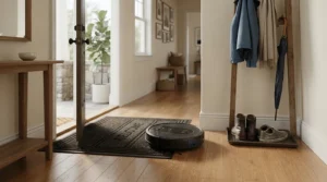 A hot water mop robot vacuum review test showing efficient cleaning after muddy paw prints in a hallway.