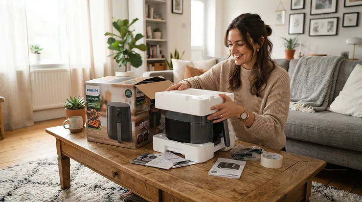 A hot water mop robot vacuum review showcasing the device being unboxed in a modern British terraced house living room.