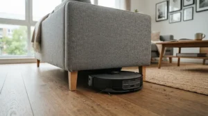 Testing low-profile navigation under a sofa in a thorough hot water mop robot vacuum review.