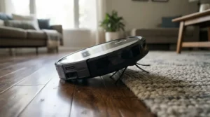 A mini robot vacuum for small flats transitioning smoothly from hard flooring onto a low-pile rug