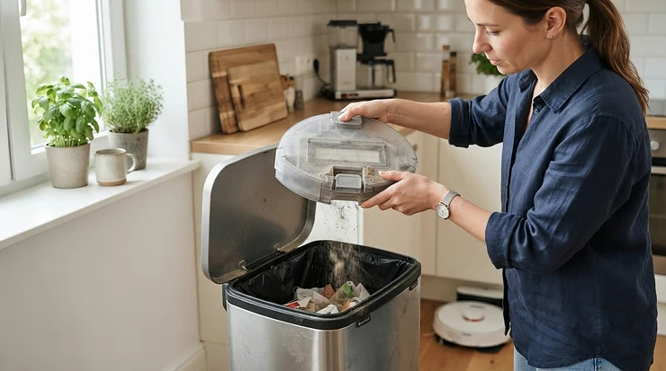 Emptying the dust bin of a modern robot vacuum mop under £500