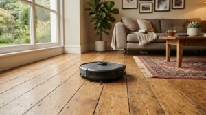 A quiet robot vacuum for small flats operating peacefully while someone reads on a nearby armchair